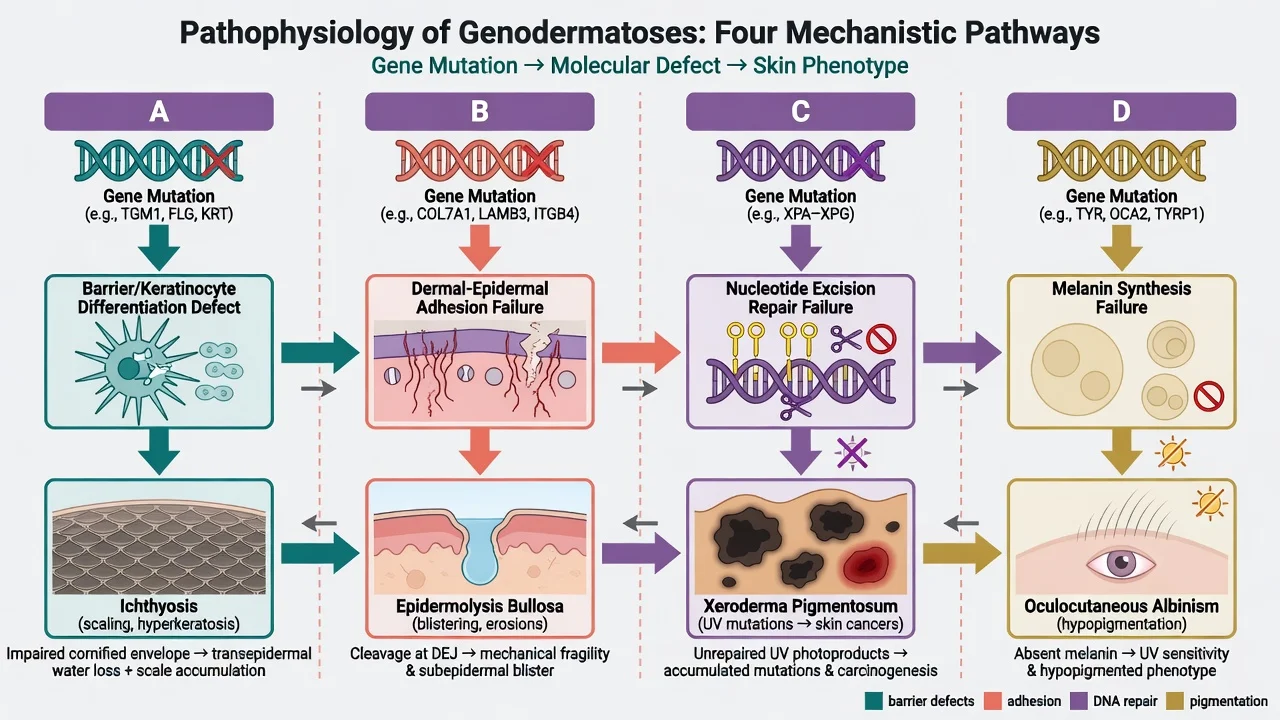 Four mechanistic pathways in genodermatoses: barrier defect to ichthyosis, adhesion failure to EB, NER failure to XP, melanin failure to albinism