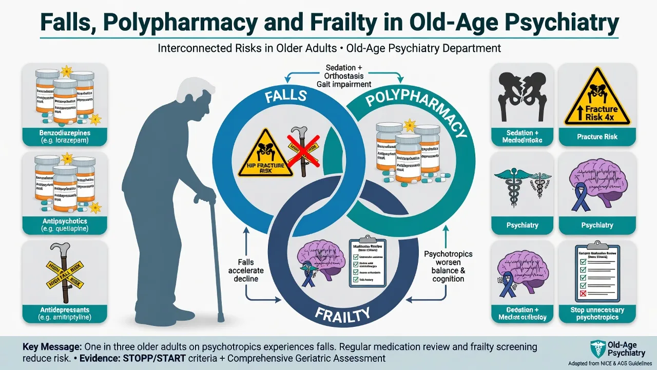 Cinematic ICU scene of an elderly patient with a Clinical Frailty Scale assessment on a clipboard, a polypharmacy review chart, an early mobilisation plan and a walking aid, soft clinical-blue lighting, medical educational, no faces, no text