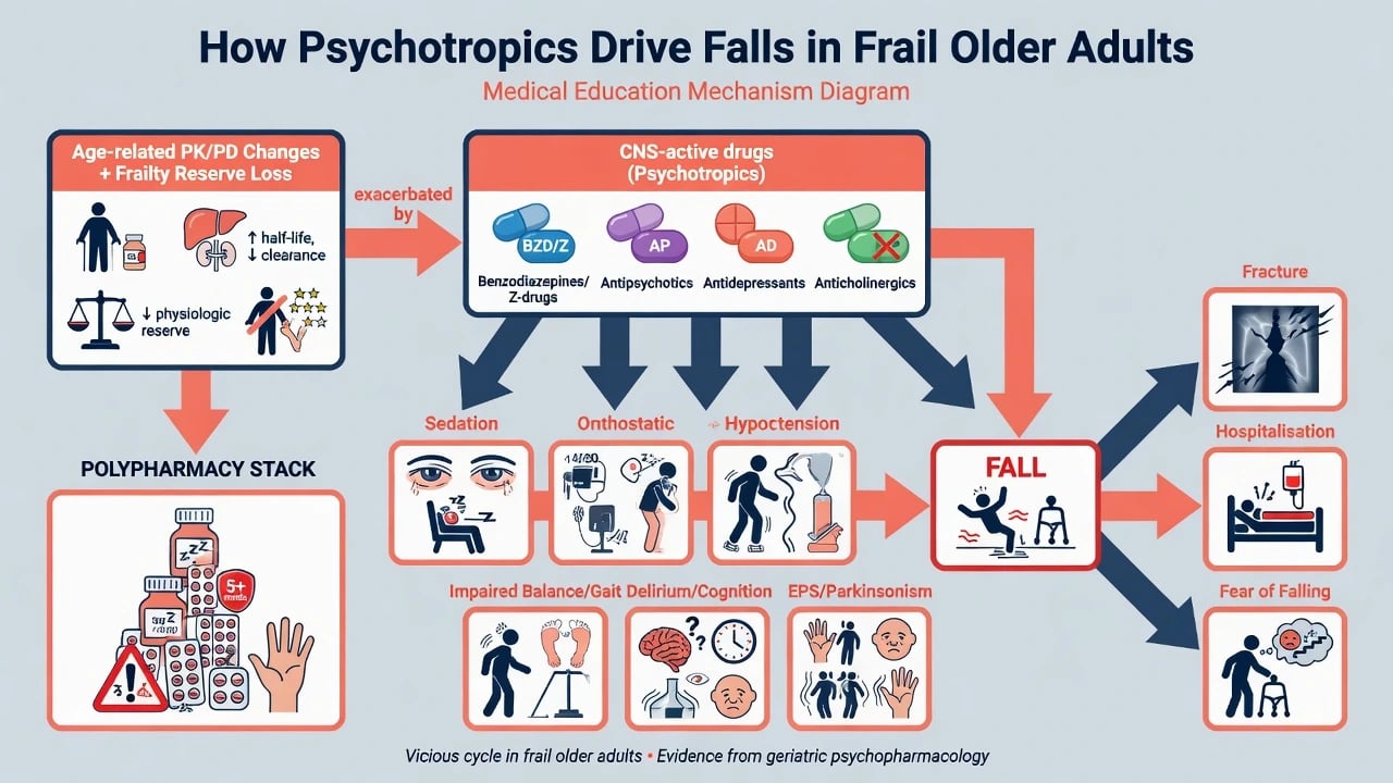 Educational infographic of ageing physiology and frailty: reduced organ reserve, Clinical Frailty Scale concept, polypharmacy interactions, and delirium risk pathways on clinical-blue background