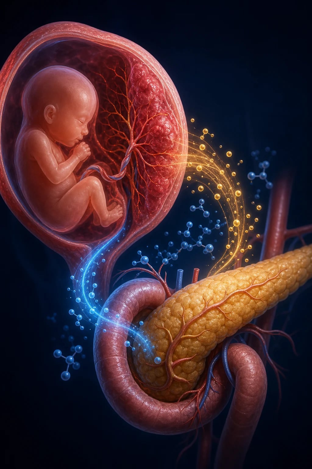 Abstract anatomical illustration: pregnant uterus with placenta and pancreas, blood glucose balance on a deep navy background.