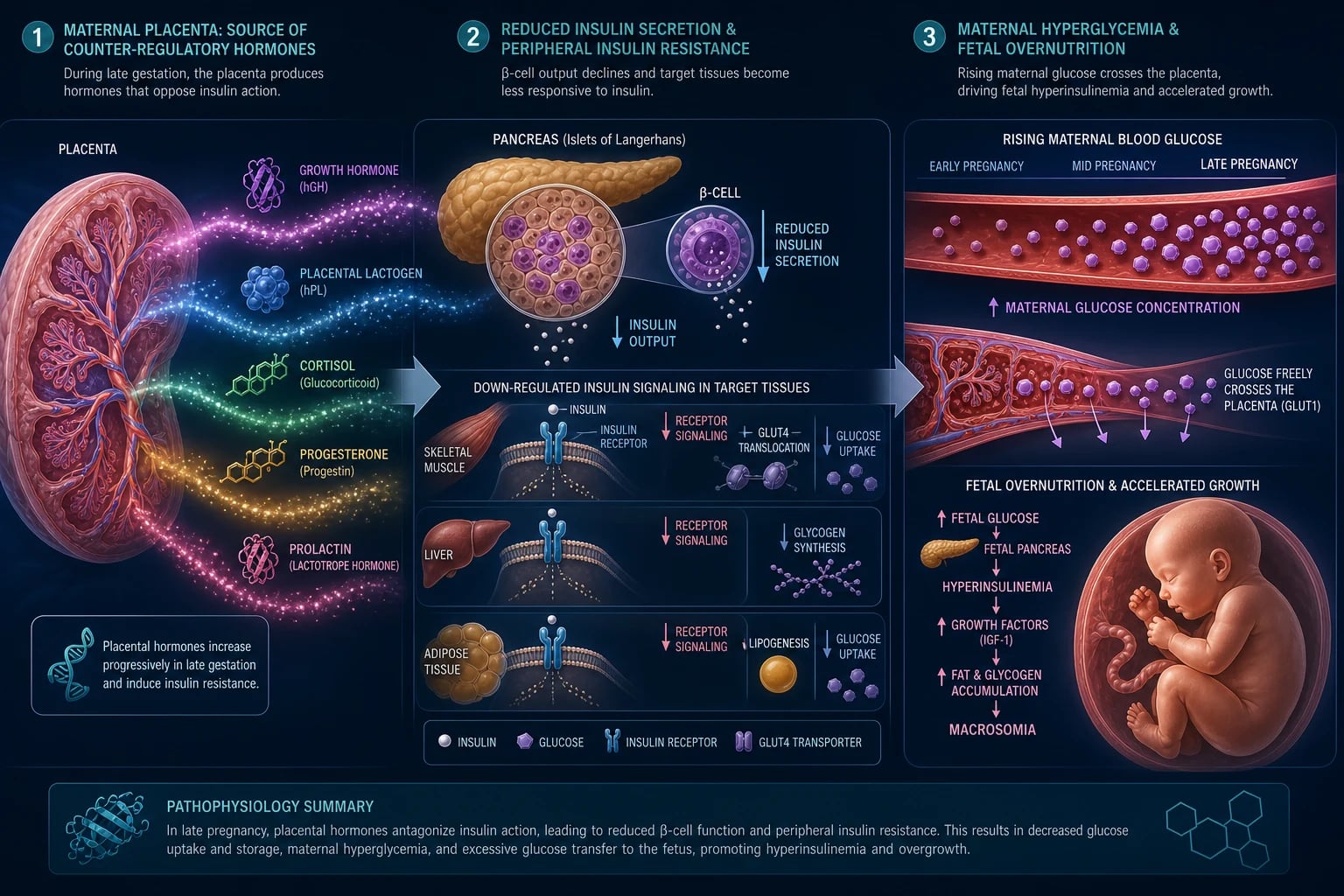 Pathophysiology diagram: maternal organ releasing counter-regulatory hormones, pancreatic gland with reduced secretory response, rising circulating hexose substrate, and fetus receiving excess nutrient load.