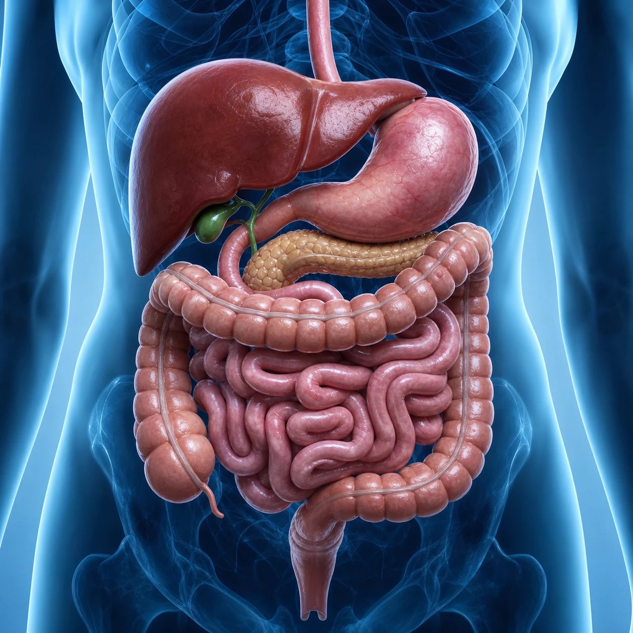Cinematic anatomical illustration of the GI tract from oesophagus to colon with liver and pancreas, clinical-blue lighting, medical educational, no text, no people