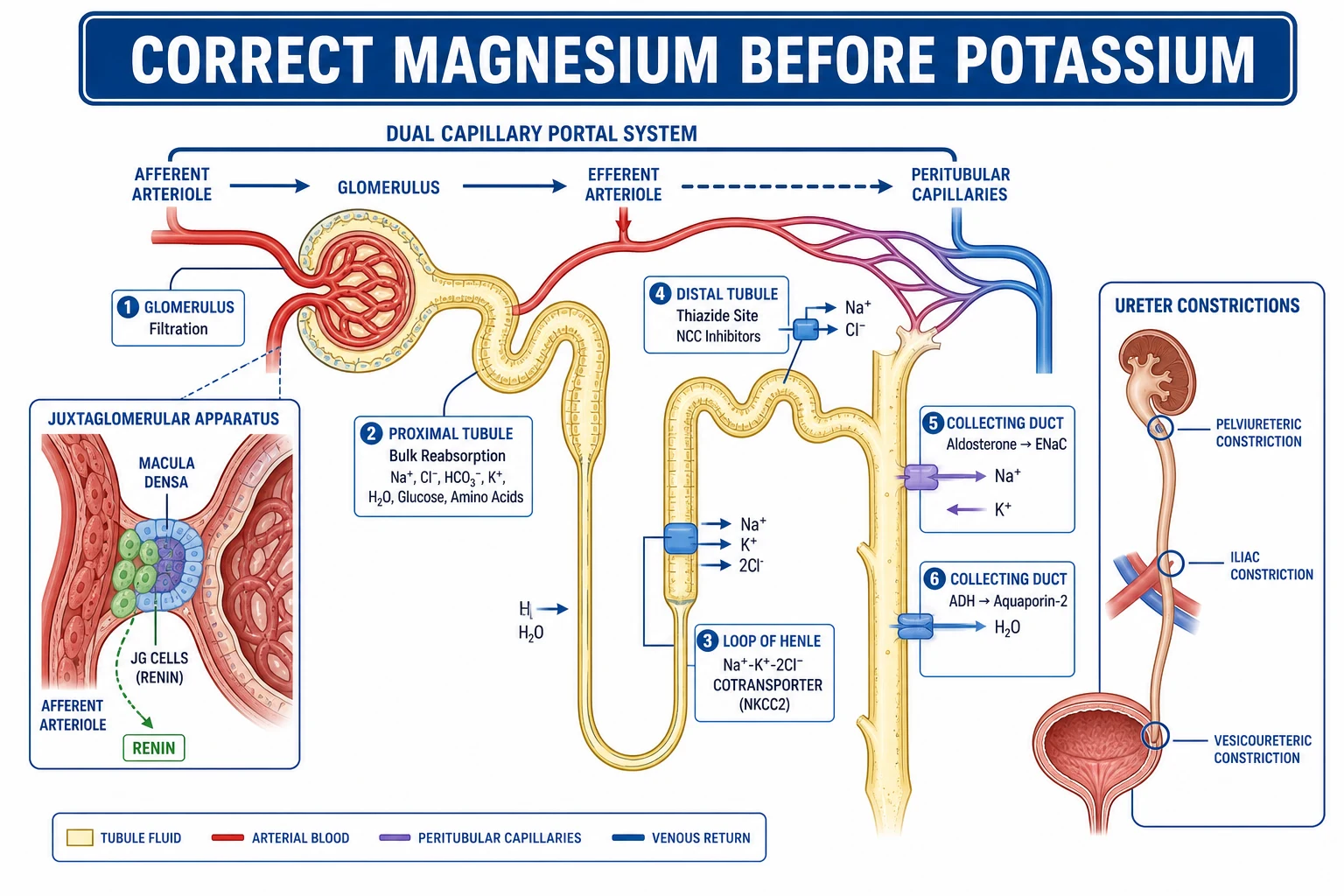 Medical infographic on white clinical-blue, flat vector, crisp typography. Stomach cells parietal acid and intrinsic factor, chief pepsinogen, G cells gastrin. Oesophagus constrictions at 15, 25 and 40 cm. Duodenum at the ampulla of Vater. Small bowel jejunum and ileum for B12 and bile salts. Liver dual supply hepatic artery 25 and portal vein 75 percent with portocaval anastomoses (varices, caput medusae, rectal). Pancreas exocrine and islets. Banner reads 'Varices are a portocaval anastomosis'.