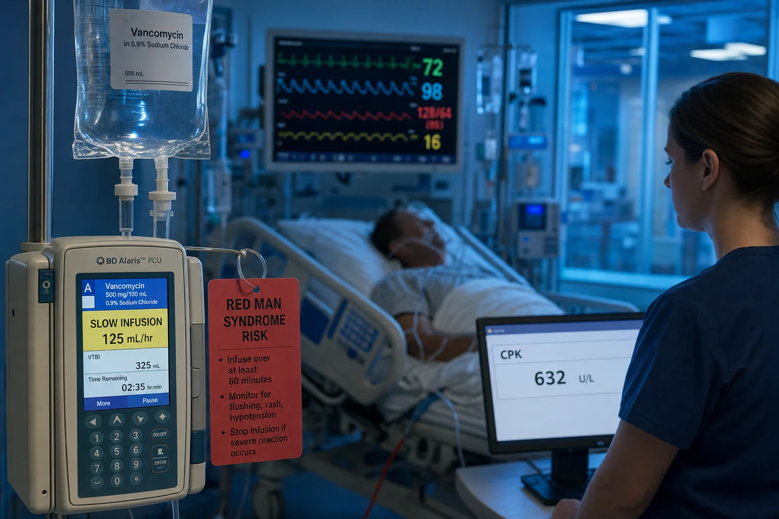 Cinematic ICU scene of a vancomycin infusion running with a slow-infusion label and a red-man-syndrome warning card, a cardiac monitor, a CPK result on the screen for a patient on daptomycin, clinical-blue lighting