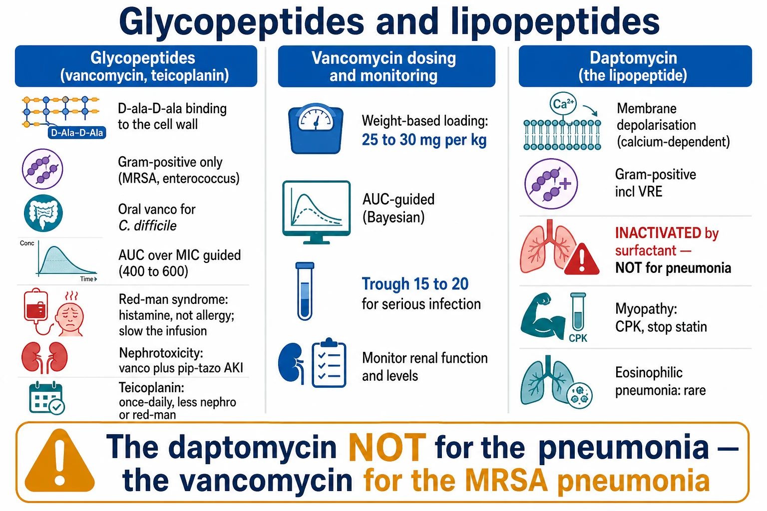 Three-panel infographic on a white clinical-blue background: LEFT glycopeptides (D-ala-D-ala binding cell wall; Gram-positive only MRSA/enterococcus; oral vanco for C. difficile; AUC/MIC 400-600; red-man syndrome histamine not allergy slow infusion; nephrotoxicity vanco+pip-tazo AKI; teicoplanin once-daily less nephro/red-man); CENTRE vancomycin dosing (weight-based loading 25-30 mg/kg; AUC-guided Bayesian; trough 15-20 serious; monitor renal + levels); RIGHT daptomycin lipopeptide (membrane depolarisation Ca-dependent; Gram-positive incl VRE; INACTIVATED by surfactant NOT for pneumonia; myopathy CPK stop statin; eosinophilic pneumonia rare). Banner 'Daptomycin NOT for pneumonia (surfactant inactivates) — vancomycin for MRSA pneumonia'. Flat vector illustration, crisp typography.