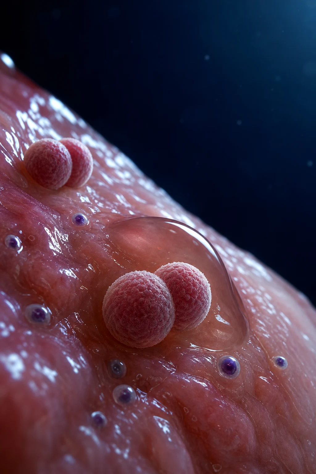 Cinematic 3D close-up abstract of a mucosal surface with a discharge droplet, paired diplococcus and intracellular inclusion-body bacteria forms against a deep navy background