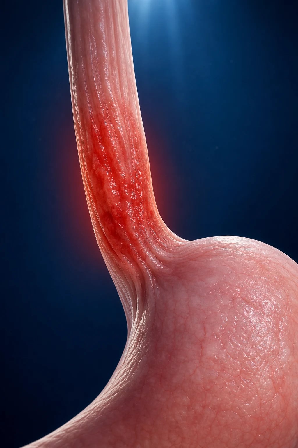 Cinematic anatomical illustration of the gastro-oesophageal junction showing acid and gastric content refluxing through an incompetent lower oesophageal sphincter into the distal oesophagus, with inflamed erythematous mucosa and a sliding hiatus hernia