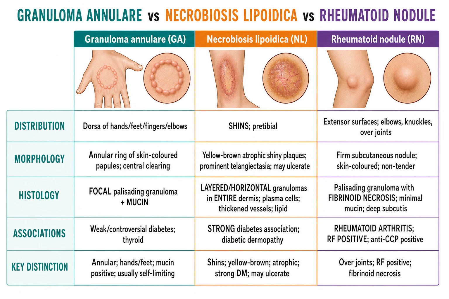 Three-column comparison of granuloma annulare, necrobiosis lipoidica and rheumatoid nodule showing clinical site, morphology, histology and associations.