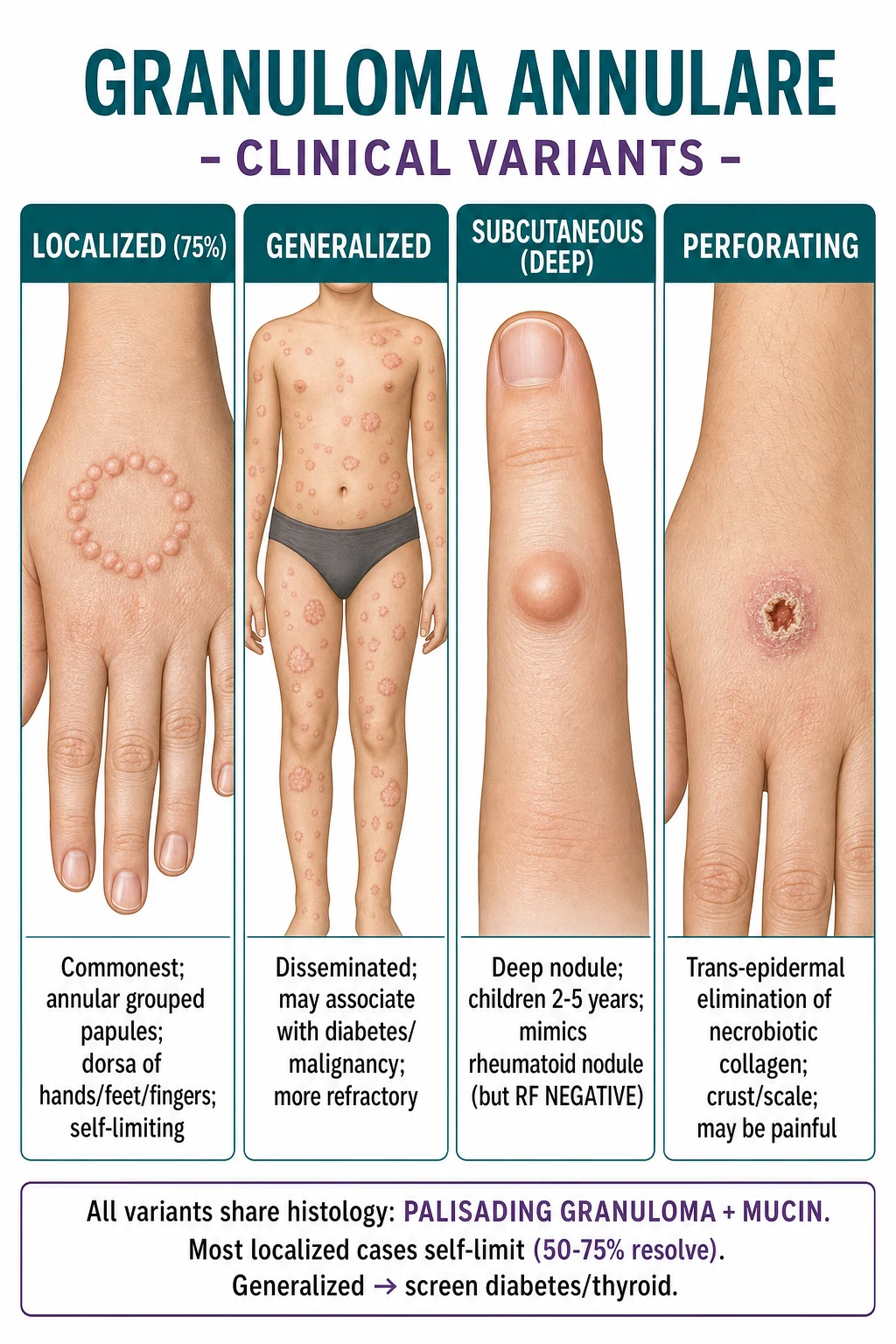 Clinical variants of granuloma annulare: localized annular papules on the dorsum of the hand, generalized papules on the trunk, subcutaneous nodule on a child's lower limb, and perforating crusted papules.