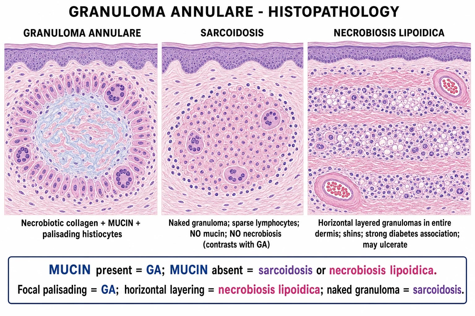 Three-panel histological comparison: granuloma annulare showing palisading histiocytes surrounding necrobiotic collagen and mucin; sarcoidosis showing naked non-caseating granulomas without mucin; necrobiosis lipoidica showing layered horizontal granulomas across the entire dermis.