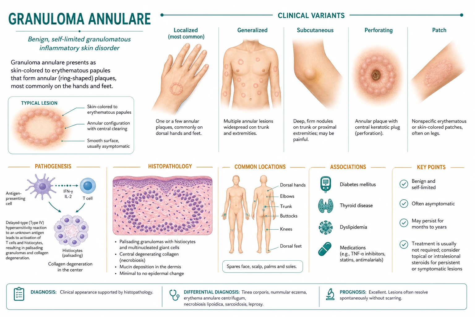 Side-by-side comparison of GA variants: localized annular papules with central clearing, generalized disseminated papules, subcutaneous deep nodules in a child, and perforating crusted papules.