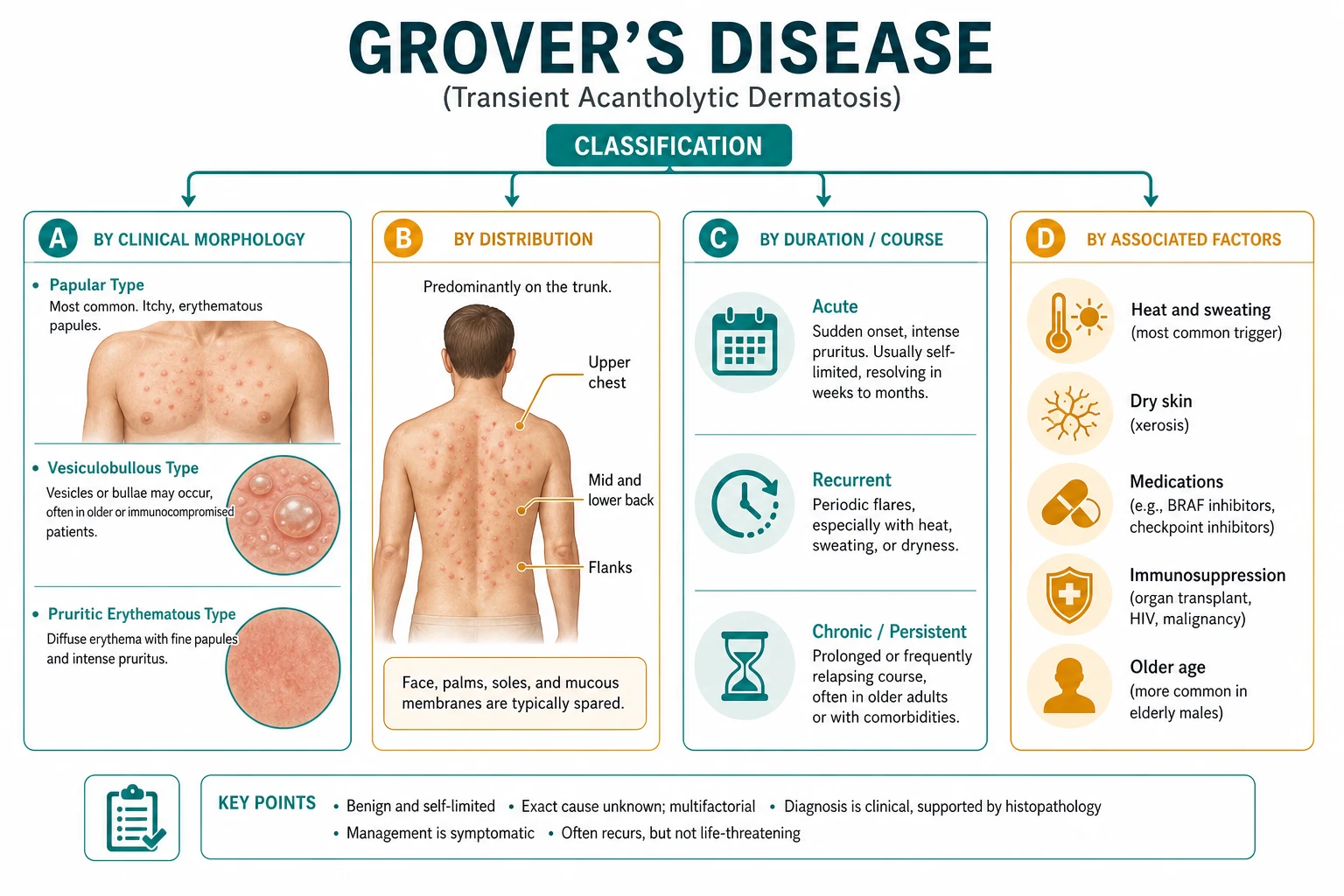 Classification diagram of the acantholytic dermatoses: inherited (Darier, Hailey-Hailey), acquired/reactive (Grover's, persistent acantholytic dermatosis), autoimmune (pemphigus group)
