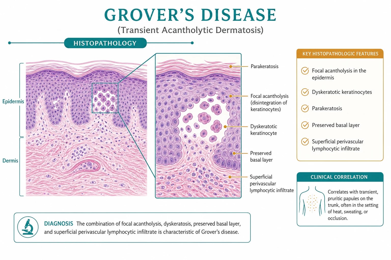 Histology of Grover's disease: focal acantholysis in the suprabasal epidermis with tombstone basal layer; mixed Darier-like, pemphigus-like, Hailey-Hailey-like, and spongiotic features in a single biopsy; negative direct immunofluorescence