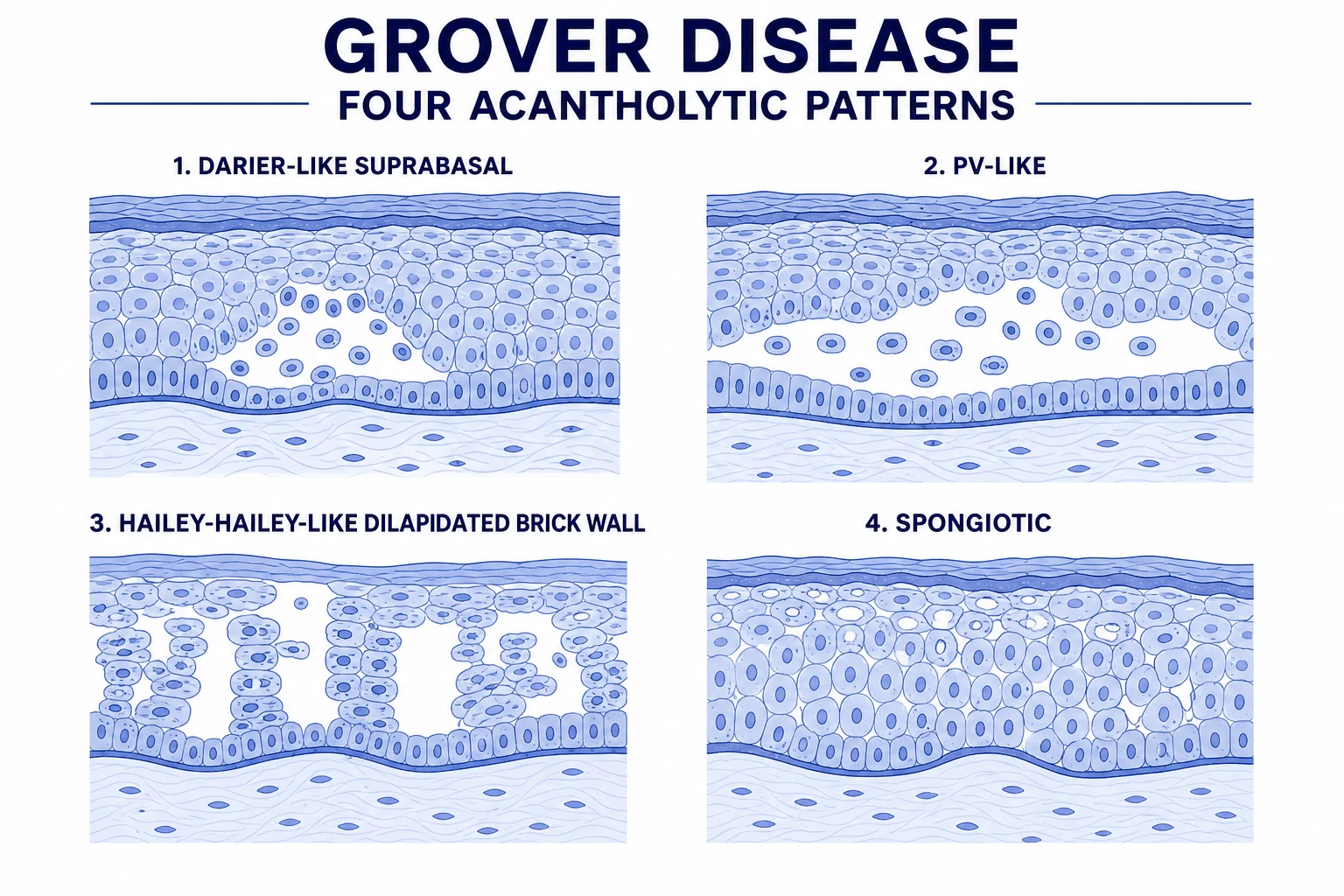 Pathophysiology of Grover's disease: heat, sweat and friction trigger functional SERCA2 calcium-pump insufficiency in keratinocytes, reducing ER calcium stores and weakening desmosomal adhesion; focal acantholysis follows with mixed histological patterns