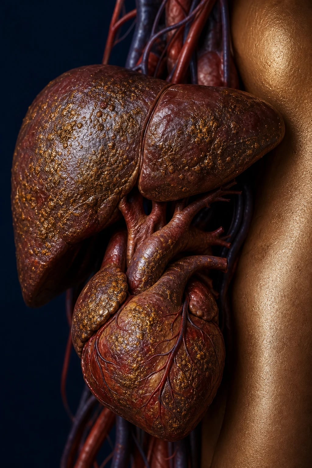 Cinematic 3D educational illustration of hereditary haemochromatosis: bronze-pigmented skin, iron-laden liver with cirrhosis, pancreas, heart and joints highlighted against deep navy background