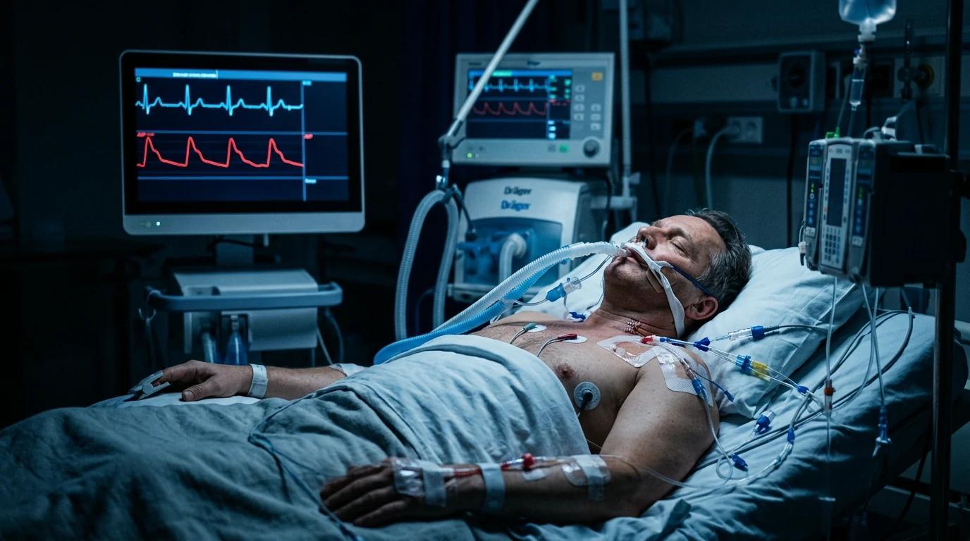 Cinematic ICU scene of a multi-parameter haemodynamic monitoring station — an arterial-line waveform, a central venous pressure trace, a pulmonary artery catheter and a PiCCO pulse-contour display across the screens, clinical-blue lighting, no faces, no text