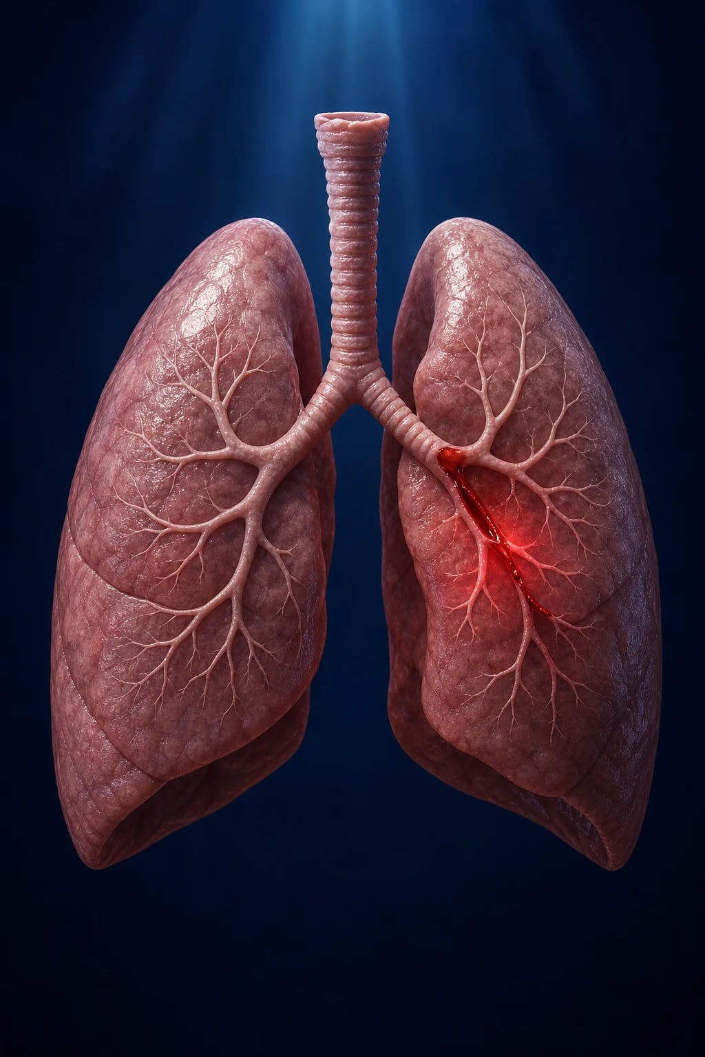 Cinematic anatomical illustration of the bronchial circulation: high-pressure bronchial arteries bleeding into a major bronchus with frothy bright-red blood being coughed up, dark navy background