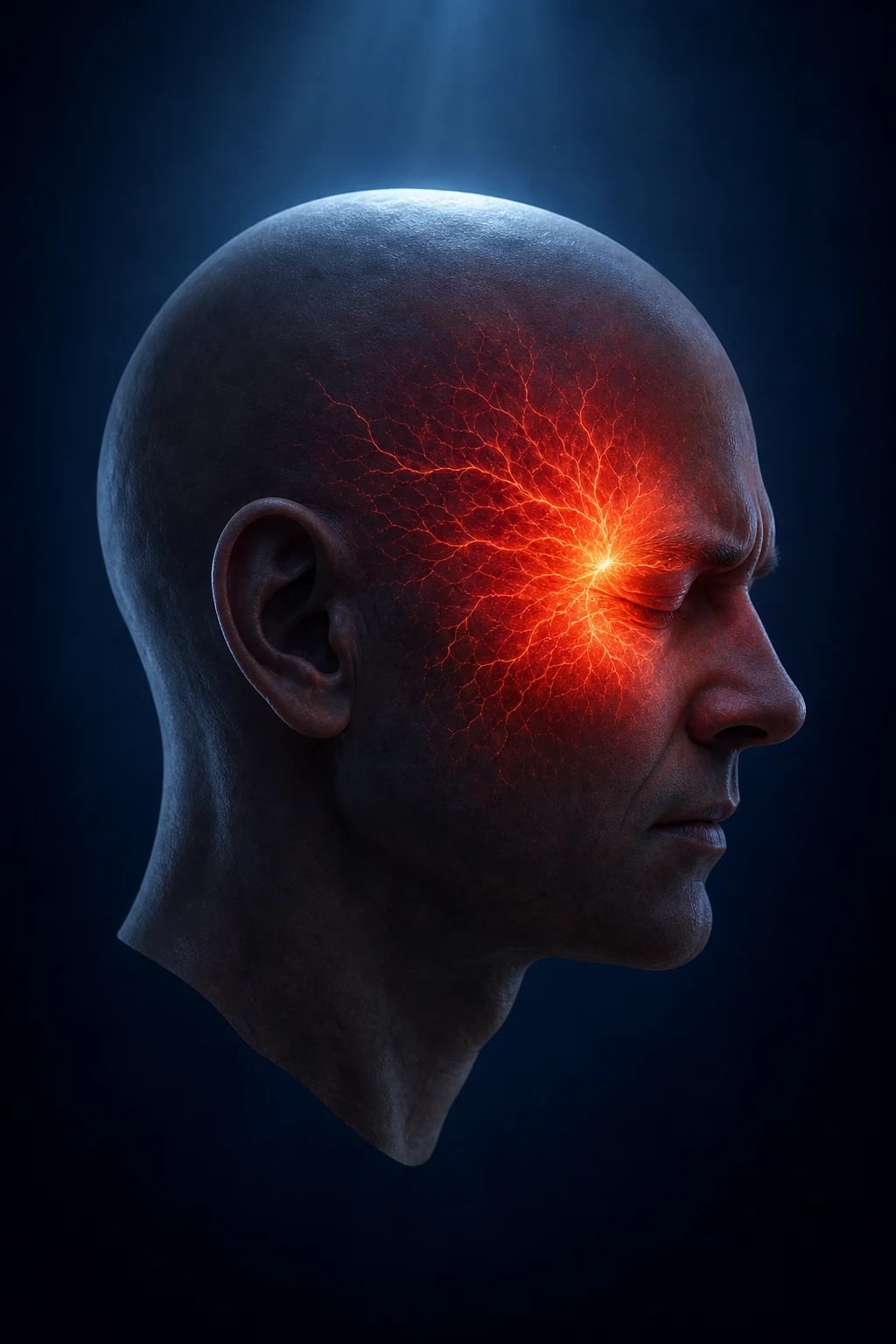 Cinematic 3D close-up of a throbbing unilateral head with radiating pain lines, the trigeminal nerve highlighted, vascular structures glowing, deep navy background
