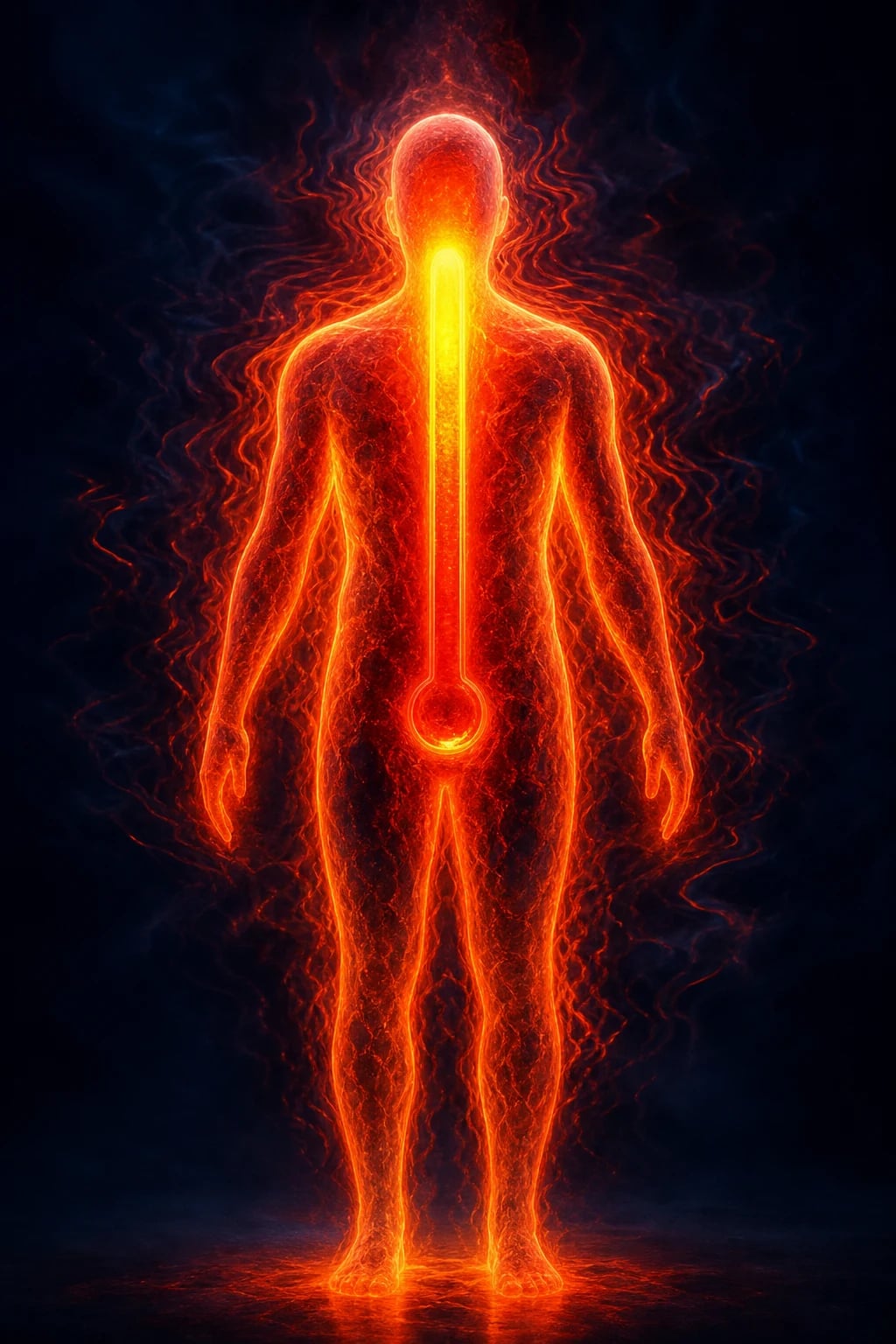 Cinematic 3D abstract illustration of a human silhouette radiating intense heat with a rising internal temperature gauge, against a deep navy background