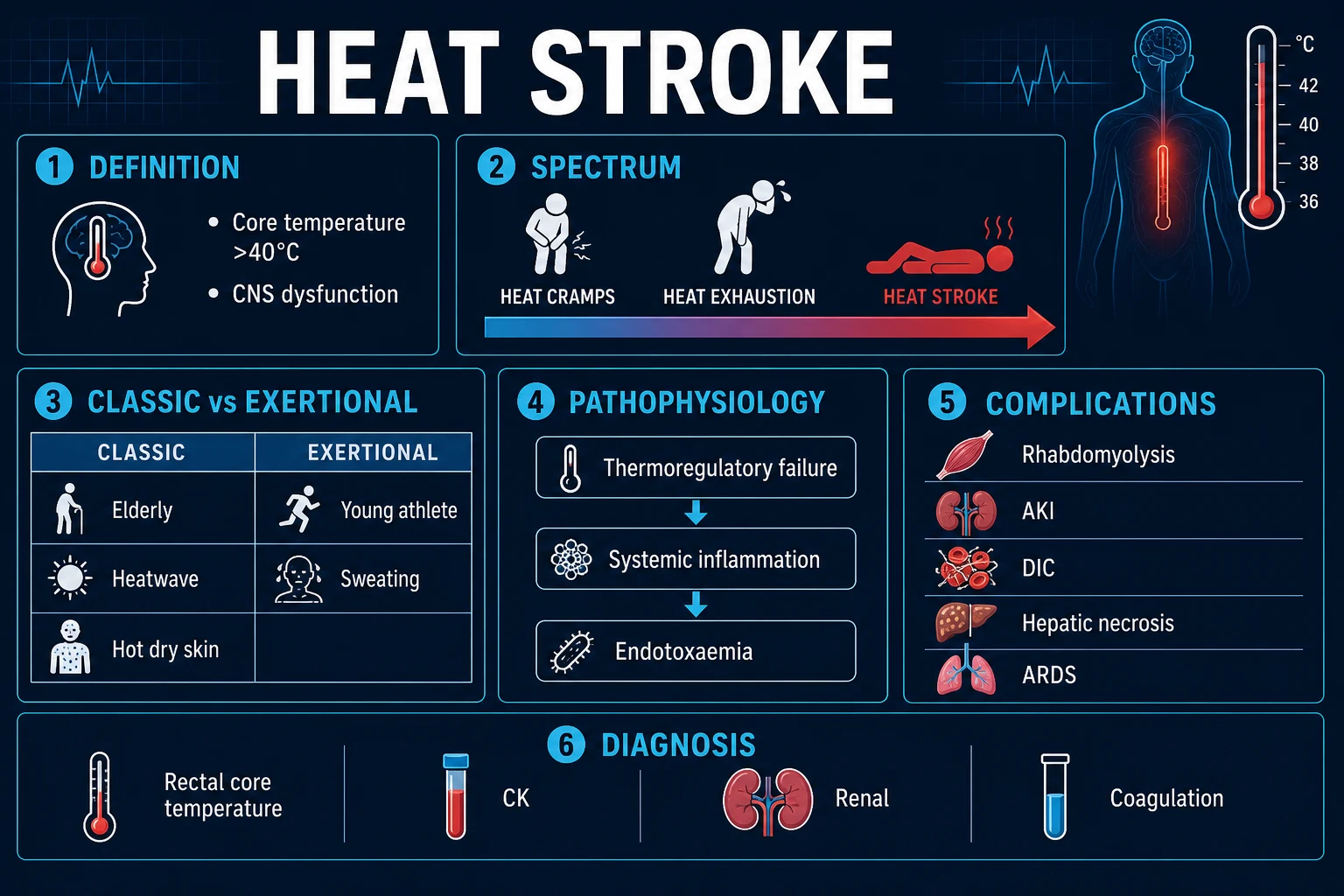 Heat stroke — classic vs exertional, rapid cooling classification
