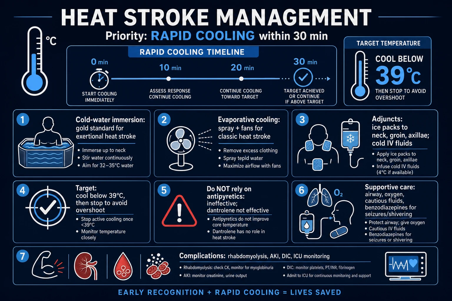 Heat stroke — classic vs exertional, rapid cooling management pathway overview