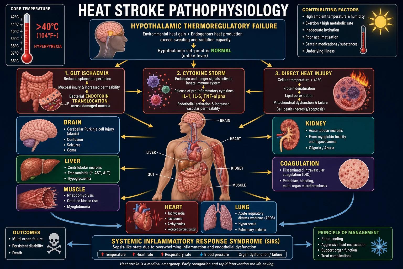Heat stroke — classic vs exertional, rapid cooling pathophysiology overview for ICU exam