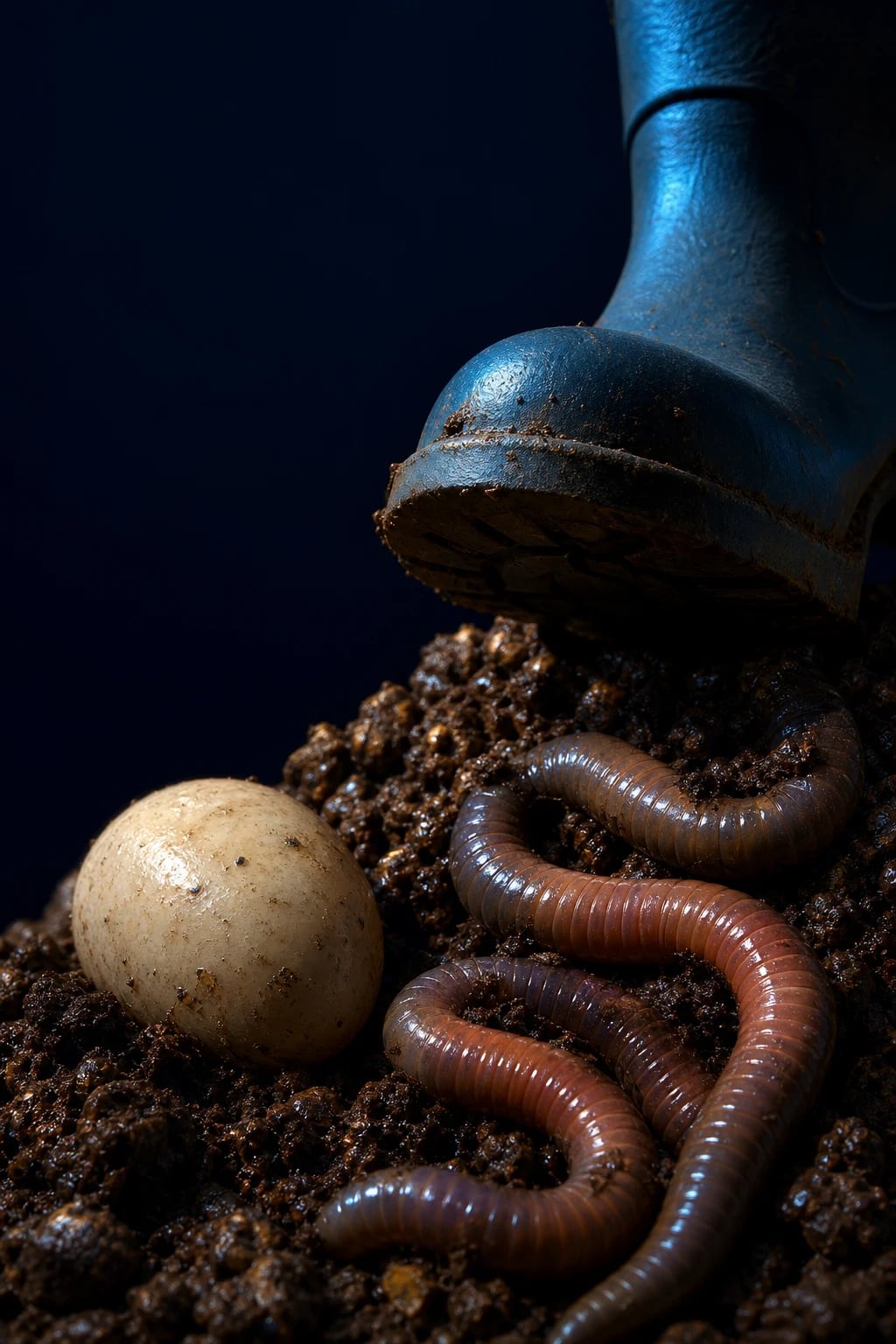 Cinematic 3D abstract of coiled worm forms, an egg-shaped ova, a droplet of blood with eosinophils, a bare foot on soil, and a freshwater snail, against a deep navy background