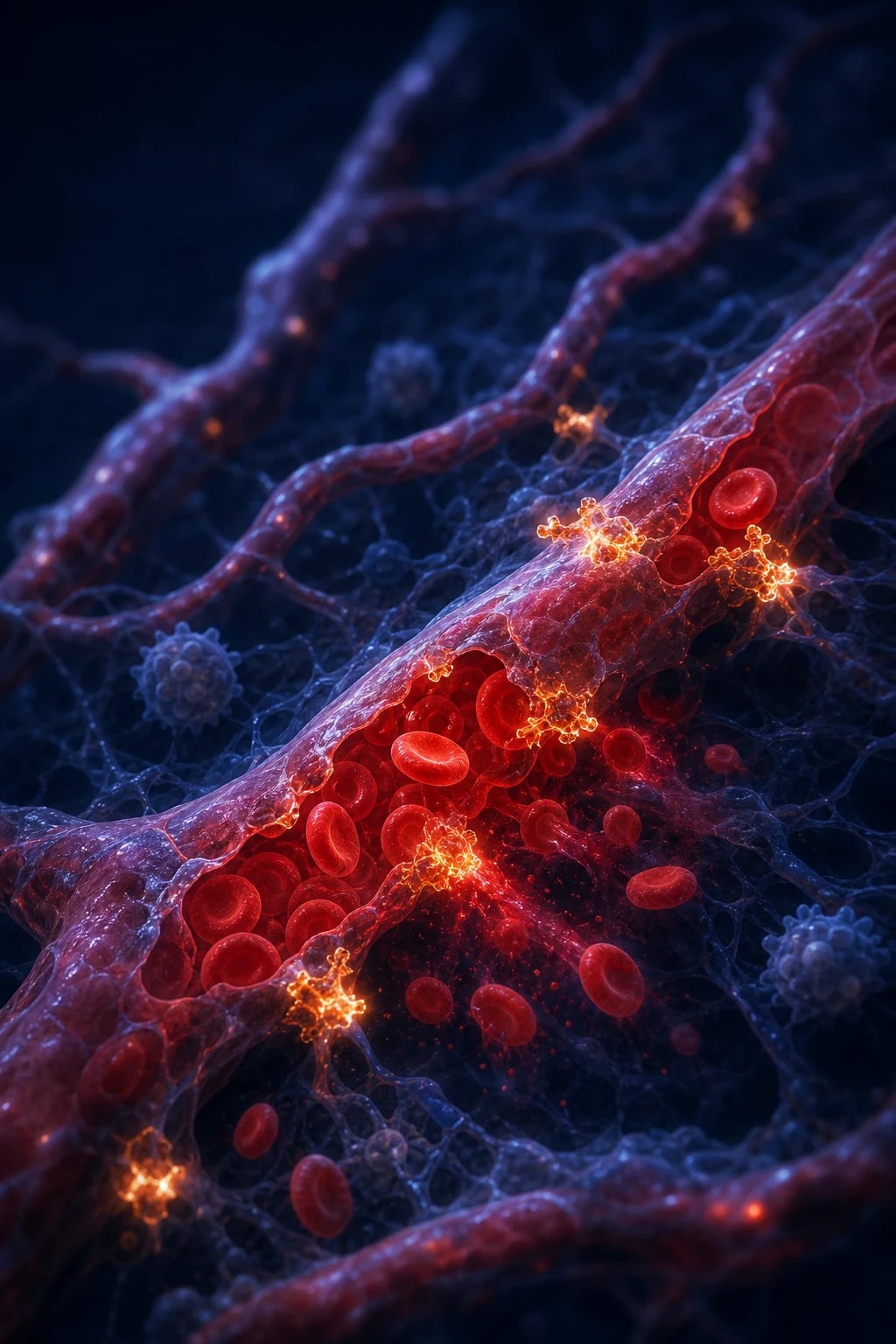 Cinematic 3D close-up of small dermal blood vessels showing IgA immune-complex deposition, leukocytoclastic vasculitis, palpable purpura on a child's lower legs, deep navy background