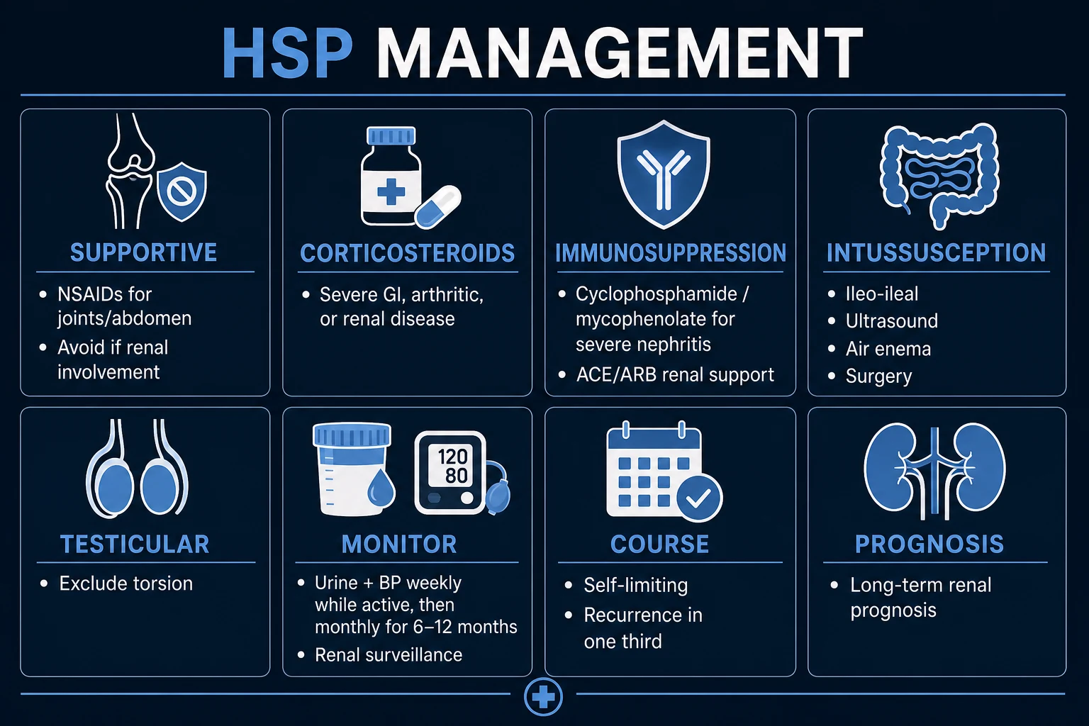 Clean management infographic: supportive care first, NSAIDs for arthritis if renal-normal, corticosteroids for severe GI/renal, immunosuppression for crescentic nephritis, ACE inhibitor for proteinuria, follow-up BP and urinalysis 6-12 months