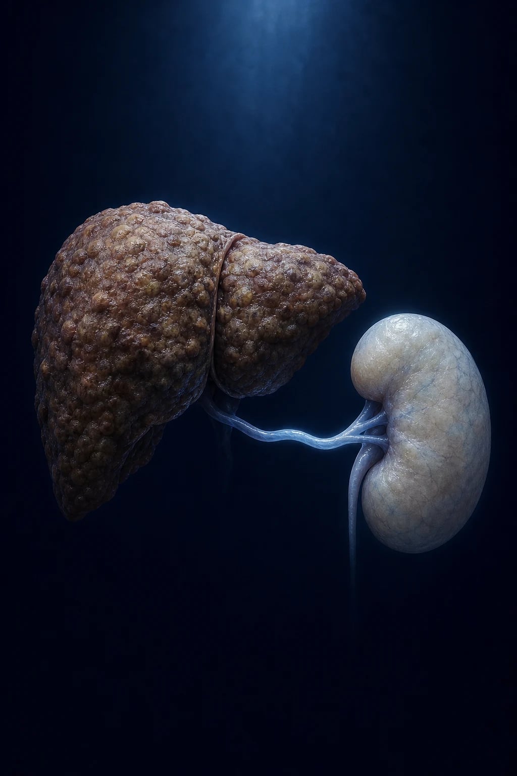 Cinematic medical illustration: a cirrhotic nodular liver with ascites and a structurally normal kidney whose afferent arteriole is intensely constricted, depicting the hepatorenal syndrome