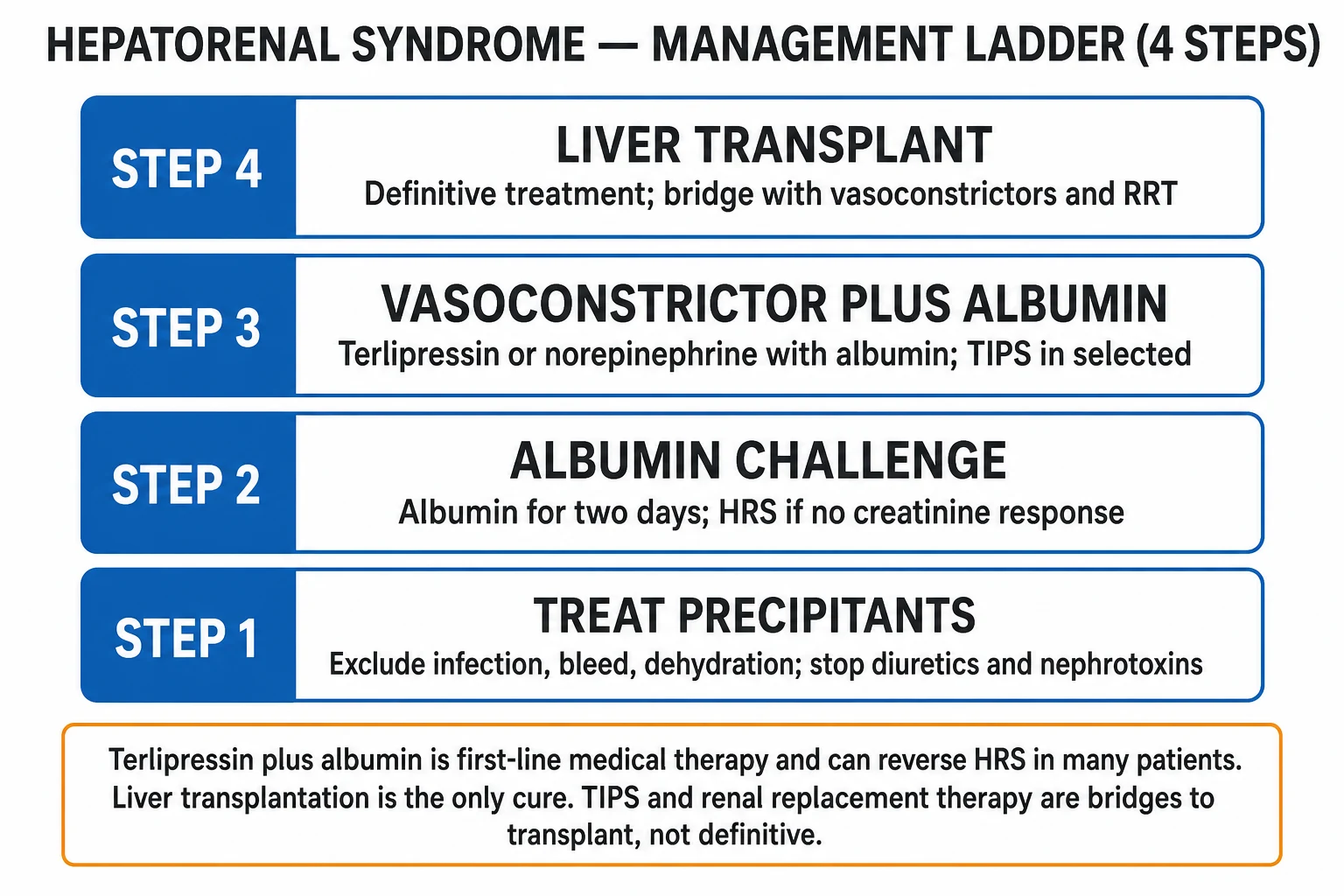 Clean management infographic: stepwise ladder from albumin challenge and precipitant control to terlipressin plus albumin, then RRT and liver transplant, with escalation triggers