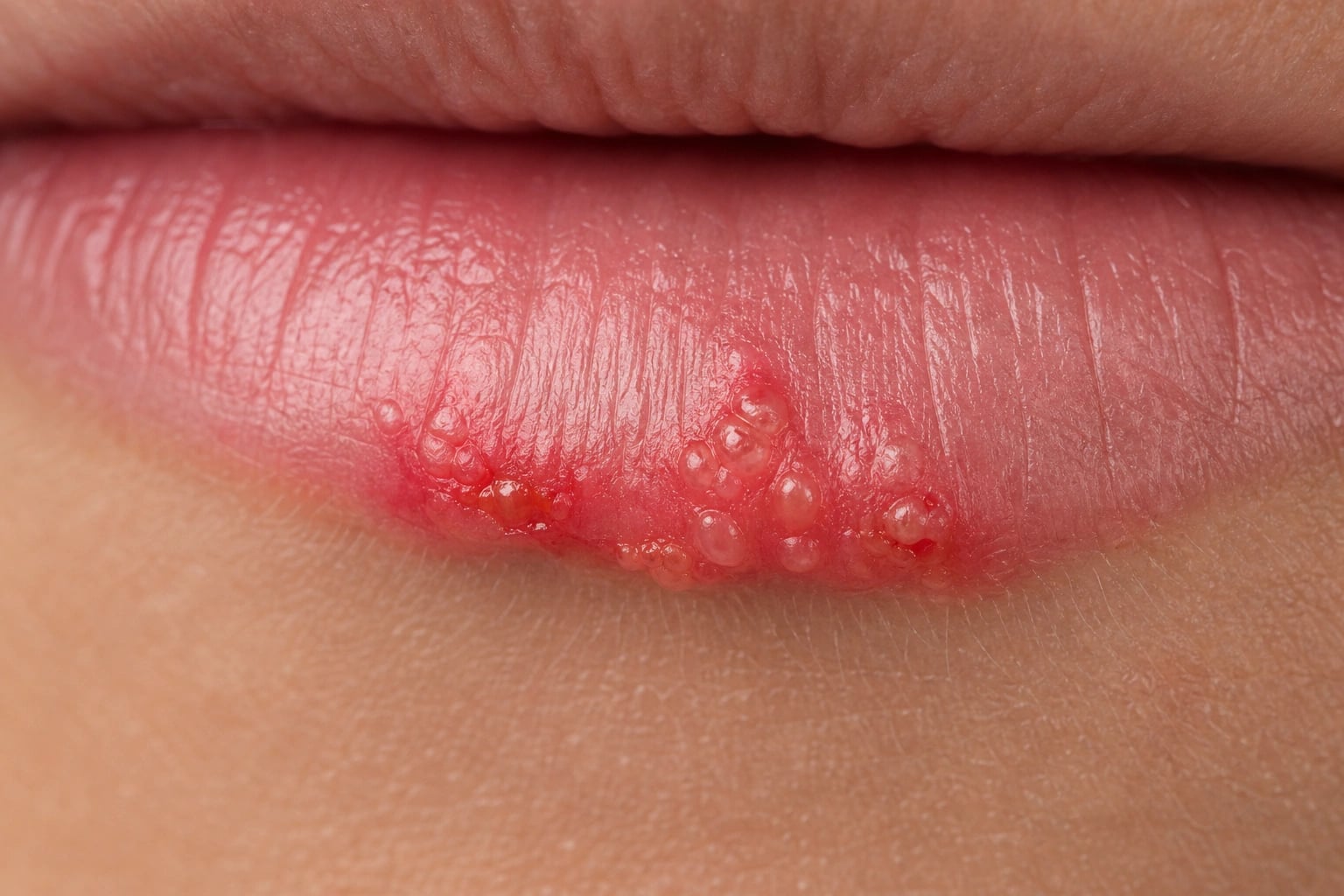 Close-up of recurrent herpes labialis: a cluster of small grouped vesicles on an erythematous base at the vermilion border of the lower lip, the classic appearance of reactivated HSV-1.