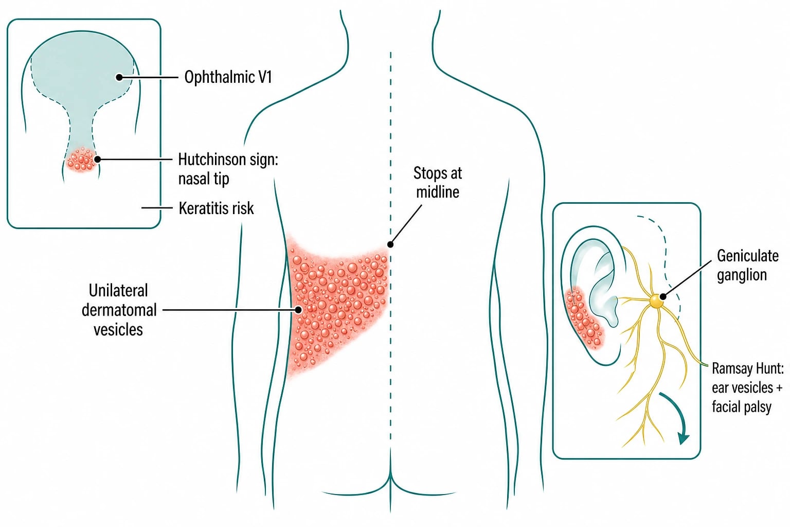 Diagram showing the unilateral dermatomal distribution of herpes zoster with the vesicular eruption stopping at the midline and key special sites ophthalmic and geniculate ganglion