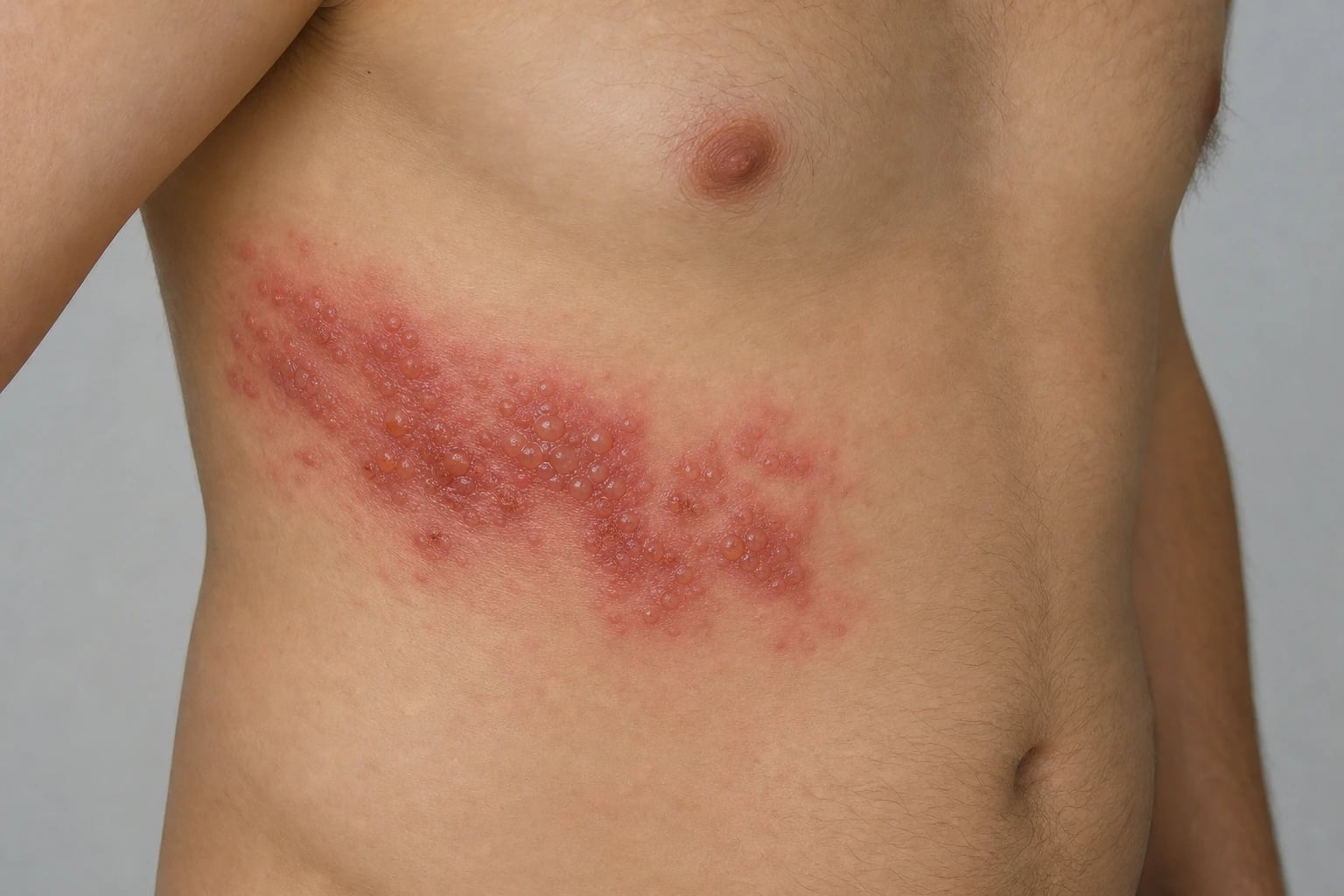 Unilateral dermatomal cluster of vesicles on an erythematous base on the trunk characteristic of herpes zoster
