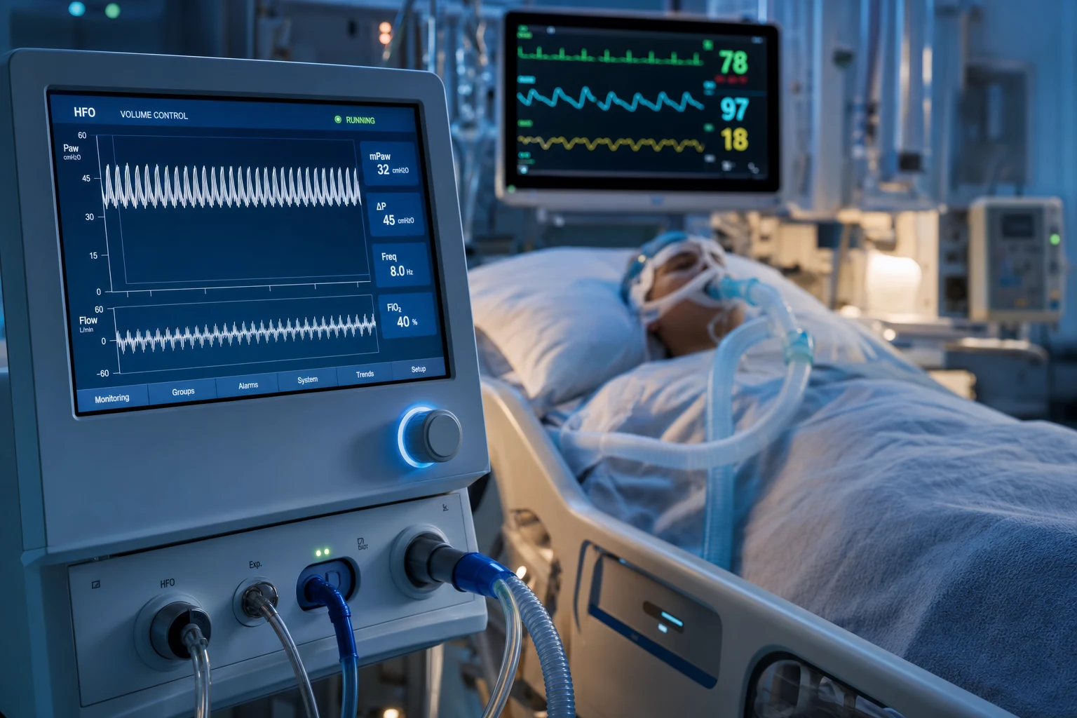 Cinematic ICU scene of a high-frequency oscillatory ventilator beside an intubated patient, its screen showing a high continuous mean airway pressure with small rapid oscillations around it, a cardiac monitor showing, clinical-blue lighting