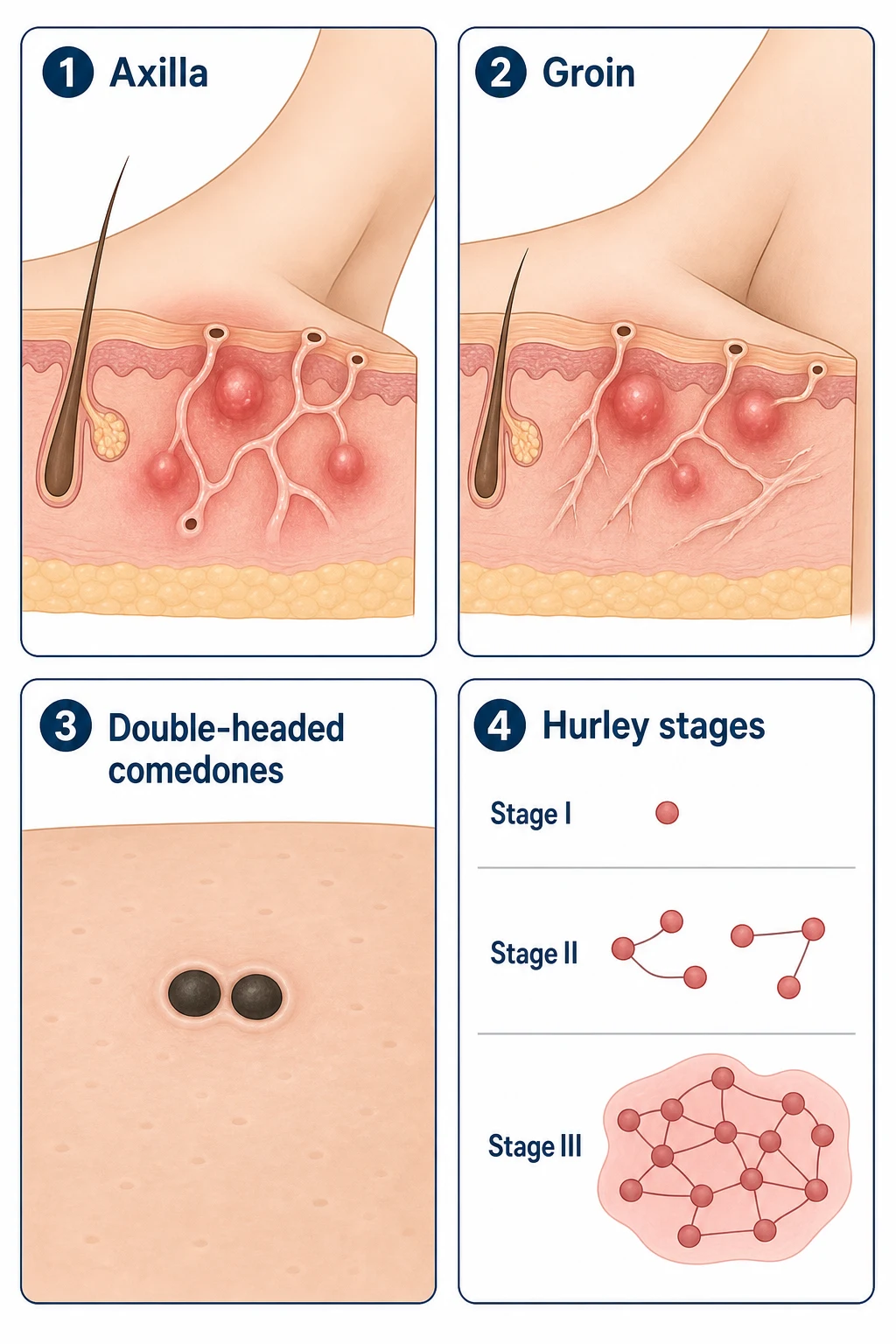 Clinical features of hidradenitis suppurativa: deep-seated inflamed nodules, abscesses, sinus tract openings, double-headed comedones and rope-like hypertrophic scars in the axilla and groin