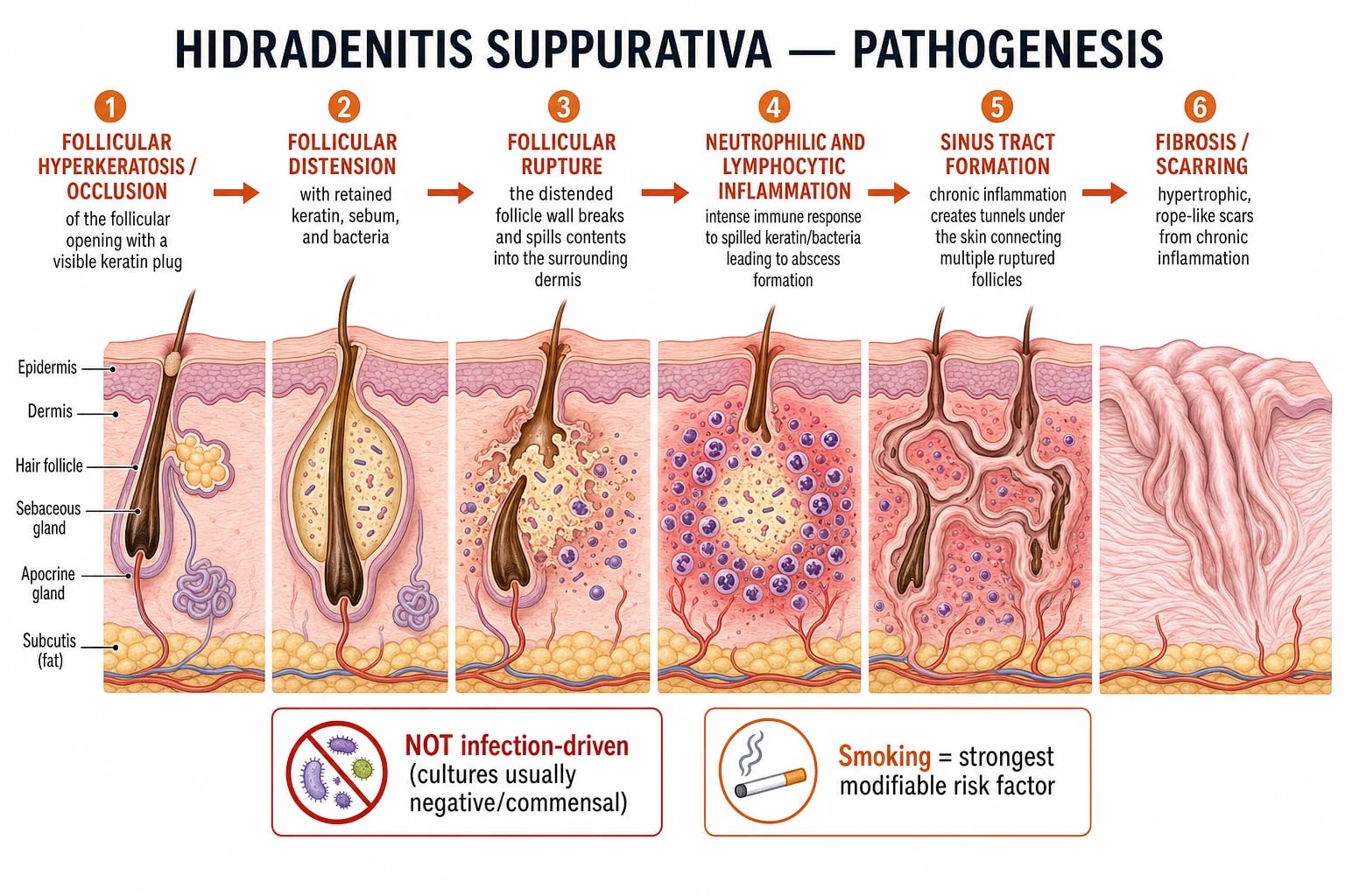 Schematic of HS pathogenesis: follicular hyperkeratosis → follicular occlusion → distension with keratin and sebum → follicular wall rupture → spilling of keratin, sebum and bacteria into dermis → innate (neutrophil-rich) and adaptive (IL-23/Th17) inflammation → abscess → sinus tract → fibrosis and scarring