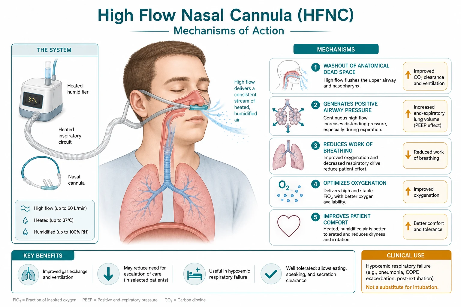 Five-row infographic on a white clinical-blue background with icons: 1 Low-level PEEP (alveolar splinting), 2 Dead-space washout (CO2 clearance), 3 Heated humidification (37 degrees, secretion clearance), 4 Reduced inspiratory resistance (flow meets demand), 5 A titrated FiO2 (precise, up to 100 per cent); right-side box 'ROX index = (SpO2/FiO2) divided by respiratory rate; at least 4.88 predicts success; under 3.85 predicts failure'. Flat vector illustration, crisp typography.