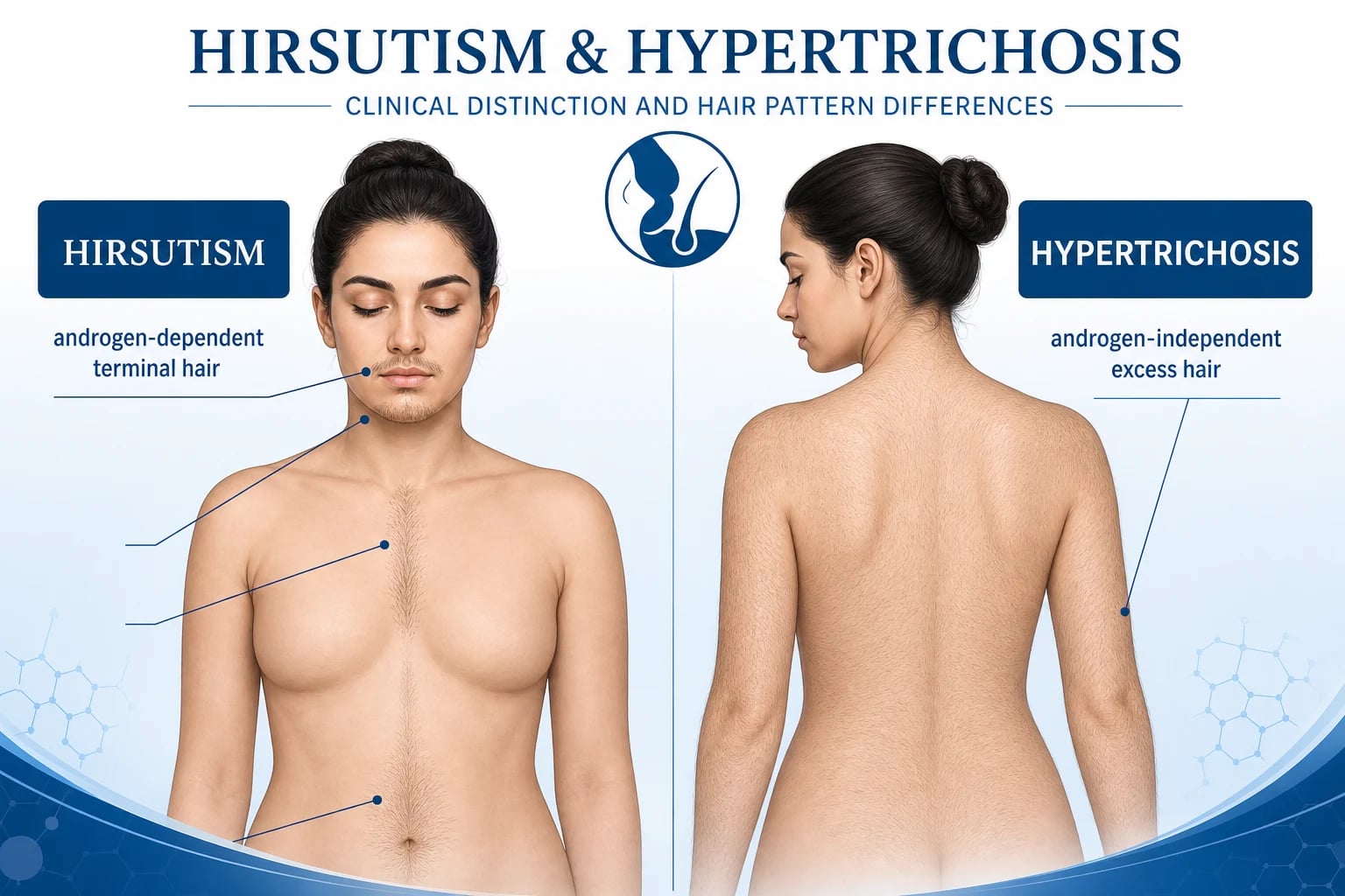Split dermatology illustration comparing hirsutism and hypertrichosis