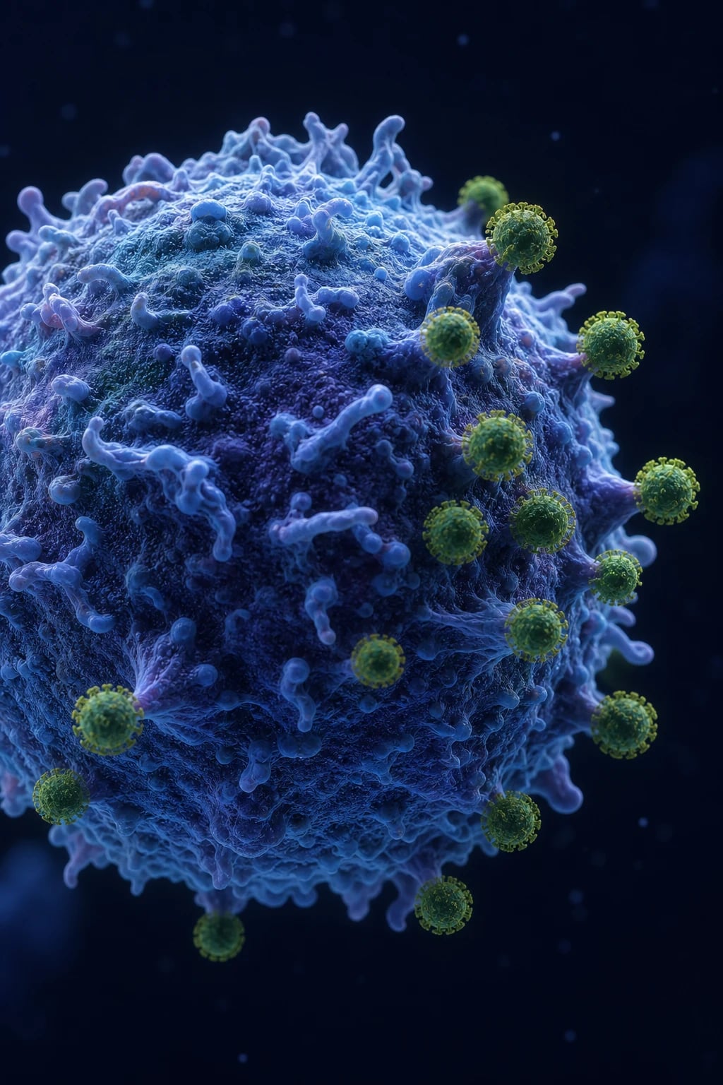Cinematic 3D illustration of HIV virions (conical capsid, gp120 spikes) attaching to and budding from a CD4+ T-lymphocyte, CD4 T-cell count gauge falling from green to red, deep navy background with abstract reticuloendothelial tissue