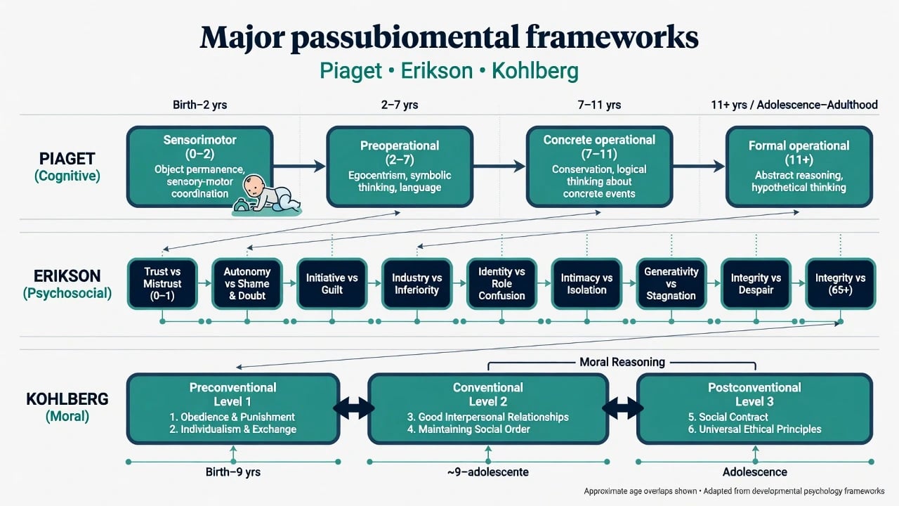 Parallel tracks comparing Piaget cognitive stages, Erikson psychosocial crises, and Kohlberg moral levels