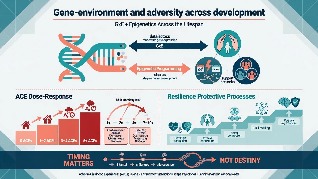 Gene-environment interaction, ACE dose-response, and resilience protective processes diagram