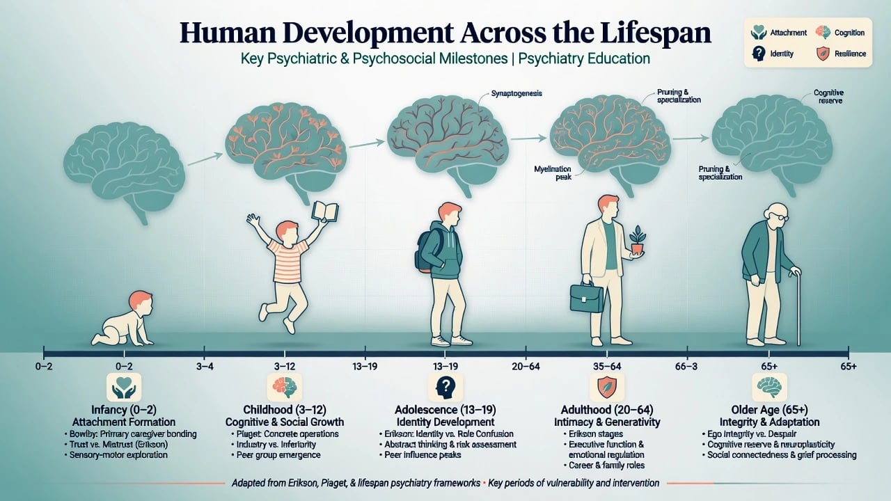 Lifespan timeline from infancy to older age with brain development milestones for psychiatry education