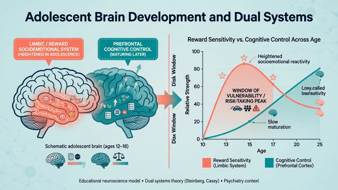 Schematic adolescent dual systems model with reward sensitivity peaking before cognitive control matures