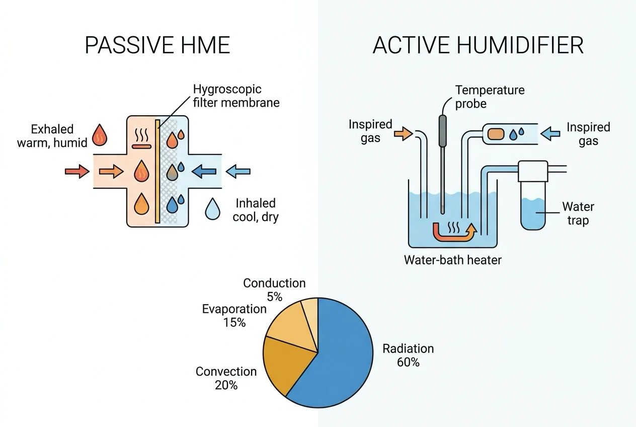 Side-by-side technical diagram comparing a passive heat and moisture exchanger (hygroscopic membrane in a housing between the tracheal tube and circuit) on the left with an active heated water-bath humidifier (a water chamber heated by a plate, with a heated wire in the inspiratory limb) on the right
