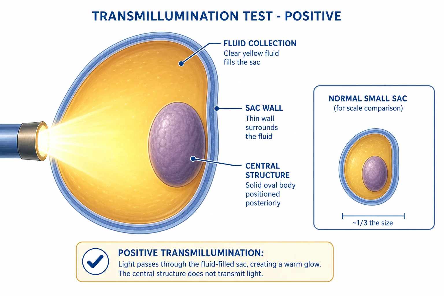 Cross-section of the scrotum showing the tunica vaginalis distended with fluid around the testis, which is displaced posteriorly; the positive transillumination test is illustrated.