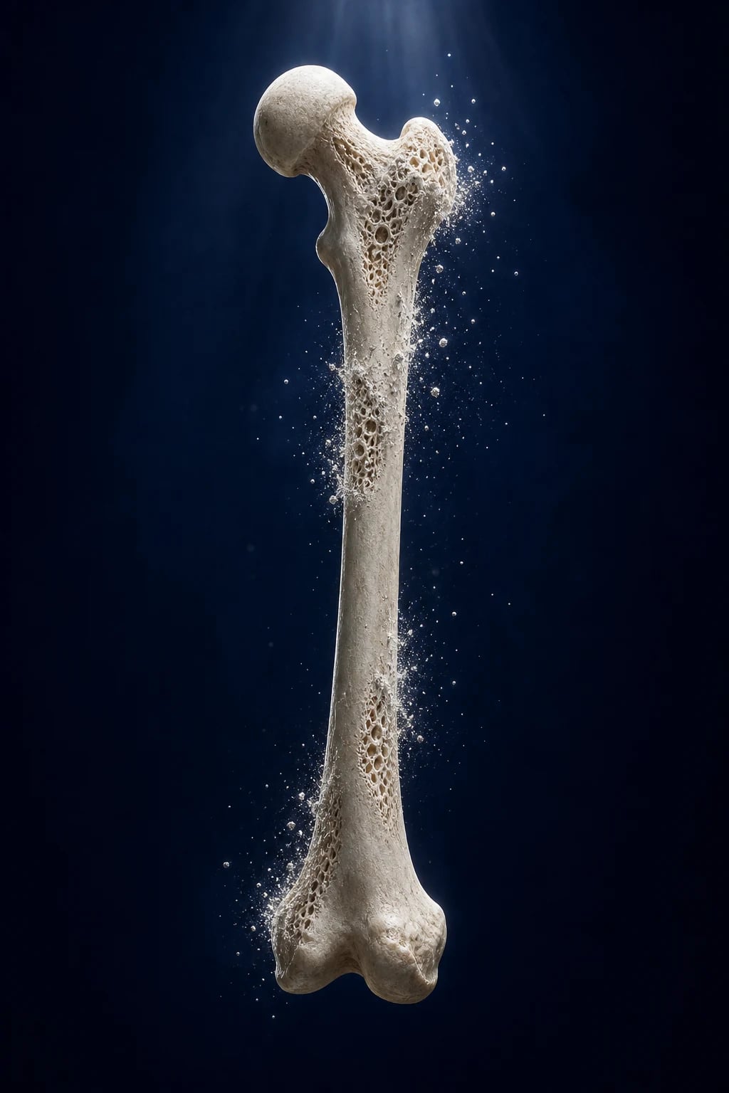Cinematic 3D close-up of a parathyroid adenoma within a deep navy anatomical background, alongside calcified kidney stones and demineralised bone, with shortened-QT ECG trace overlay