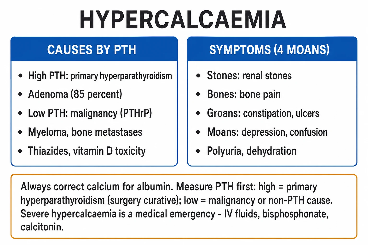 Three mechanisms of hypercalcaemia of malignancy: humoral PTHrP, local osteolytic, calcitriol-mediated lymphoma with example cancers