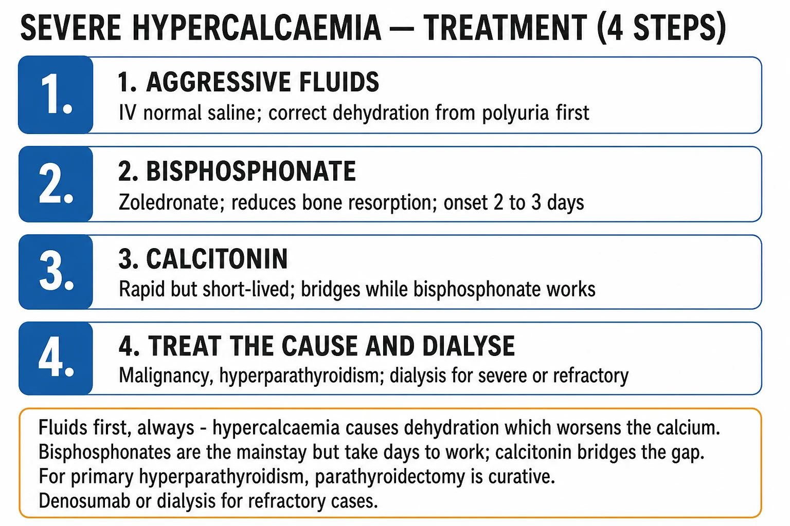 Hypercalcaemia of malignancy ICU protocol: aggressive saline first, then zoledronate or denosumab, calcitonin bridge, steroids for calcitriol pathway, dialysis if refractory