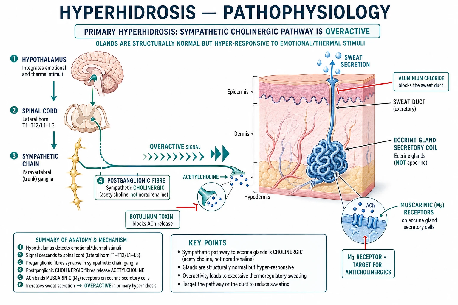 Sympathetic cholinergic pathway: hypothalamus thermoregulatory centre, emotional sweating centre, spinal cord, sympathetic chain, post-ganglionic cholinergic fibre releasing acetylcholine, M3 muscarinic receptor on eccrine gland, sweat duct to skin surface